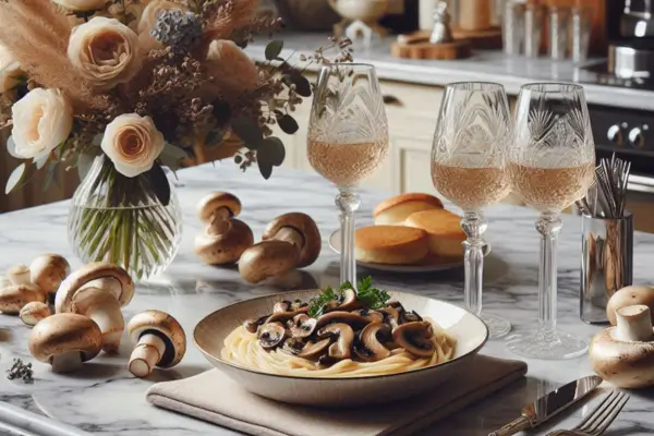 a plate of pasta and wine glasses on a table