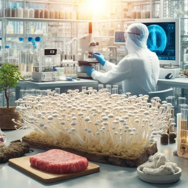 A imagem em destaque mostra o processo científico de cultivo do micélio destinado à produção de carne vegetariana