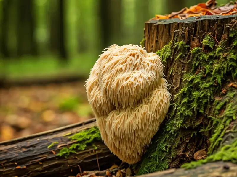 a white mushroom on a tree stump