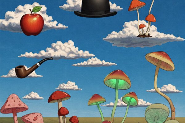 Em obras de René Magritte como “La Clef des Champs” (A Chave dos Campos), há uma sensação de descoberta e dissonância que também remete à experiência de encontrar cogumelos no meio de um bosque. São elementos vivos, misteriosos, crescendo sem alarde, e cujas formas desafiadoras remetem ao inexplicável da própria natureza.